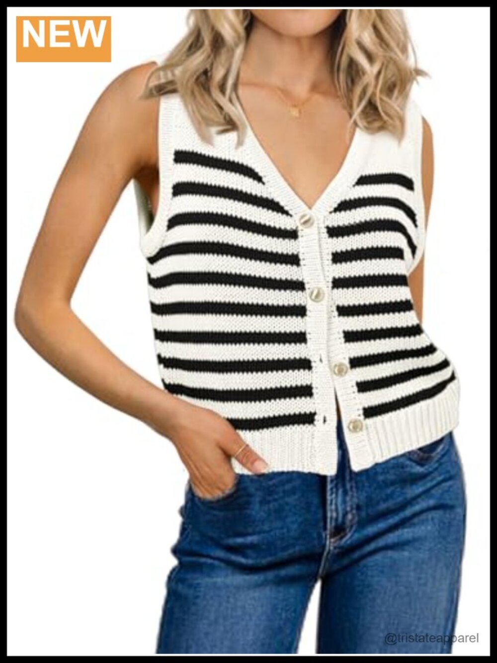 Womens Striped Sweater Vest Sleeveless Ribbed Button Down V-Neck Tank Top